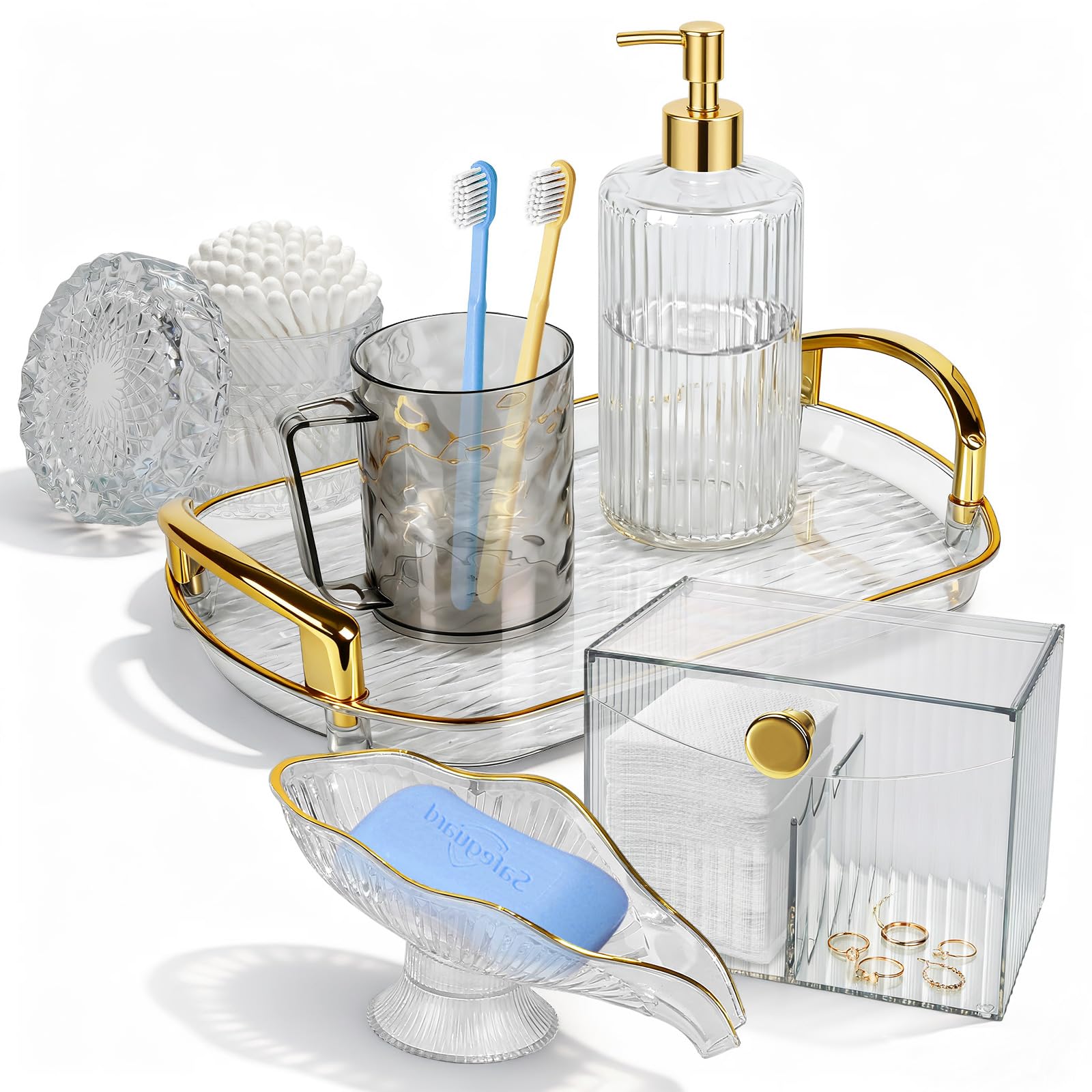 Set de salle de bain en verre transparent chic avec distributeur de savon et 5 accessoires