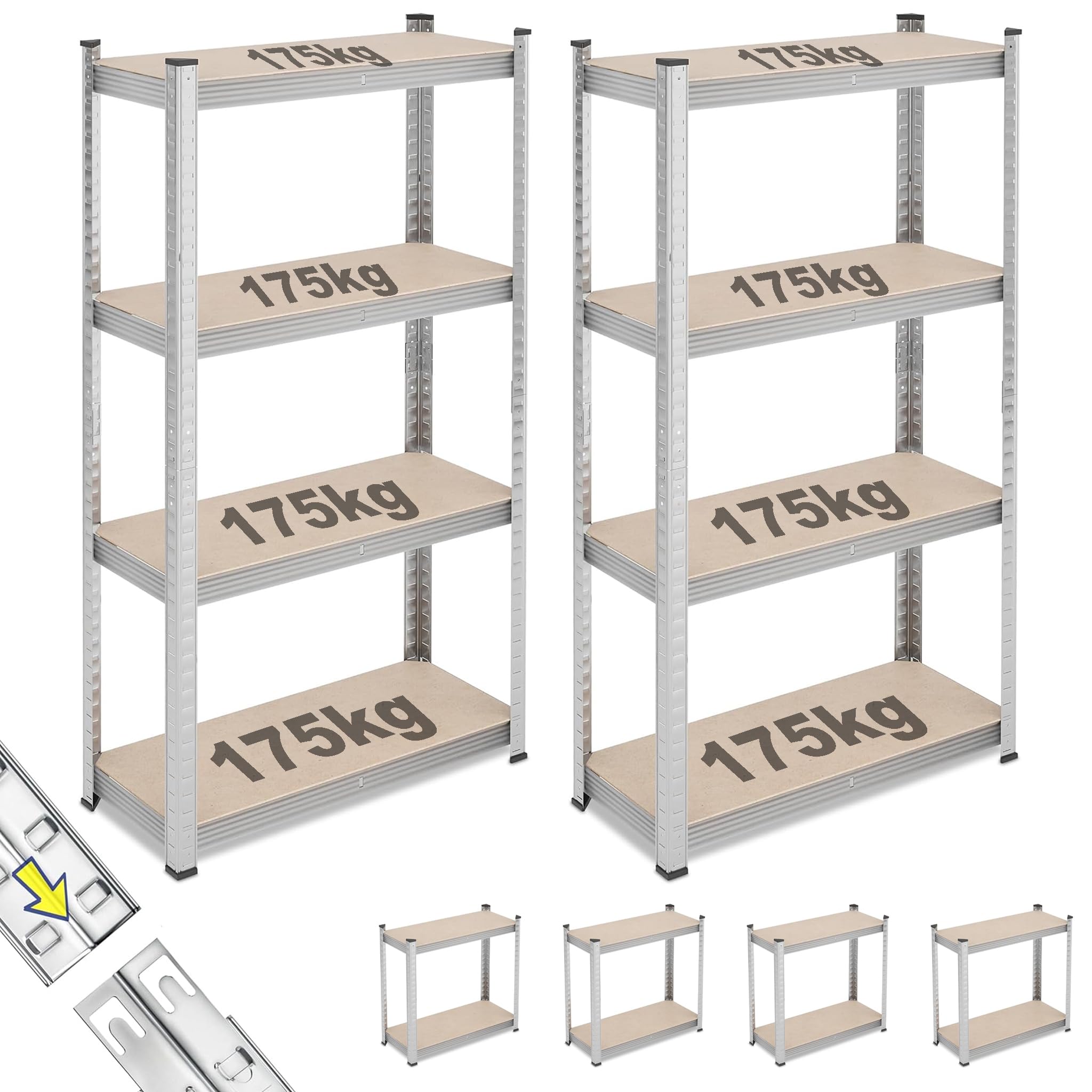 Set 2 Scaffali Metallici 4 Ripiani in MDF 30x70x150 cm – Scaffalatura ad Incastro Senza Viti – Per Garage, Magazzino, Cantina e Deposito