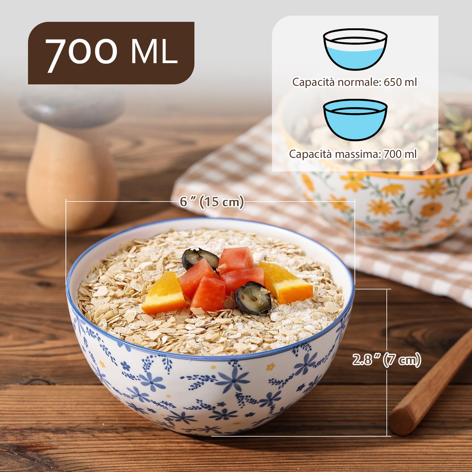Ciotola Colazione Cereali Ciotole Ceramica - Set di 4 Scodelle Zuppa Colorate con Motivi Floreali - Scodella Porcellana per Insalata | Poke | Ramen | Minestra | Macedonia | Brodo - 15 cm - 700 ml