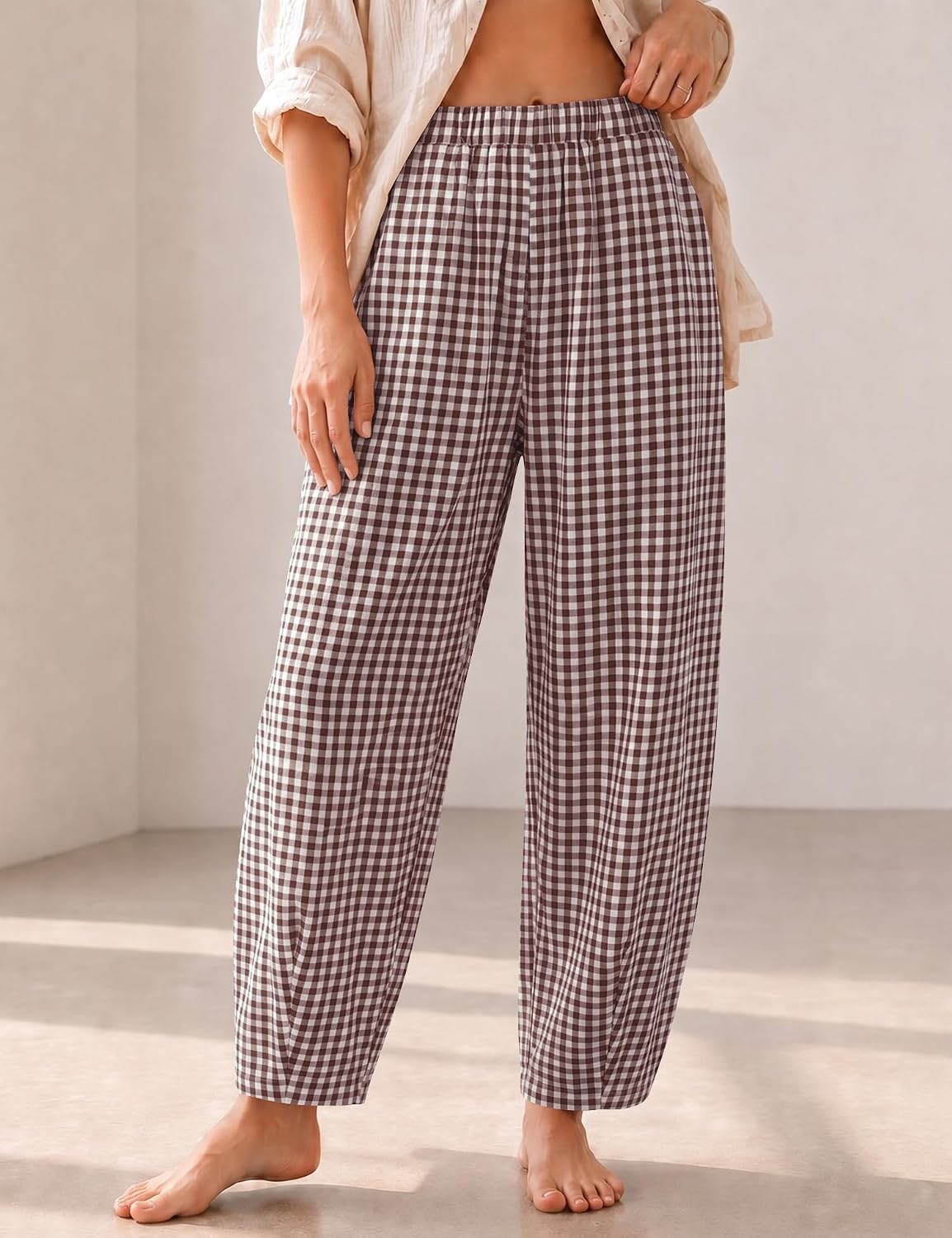 LOMON Womens Barrel Harem Travel Pants Baggy Casual Gingham Striped Bottoms