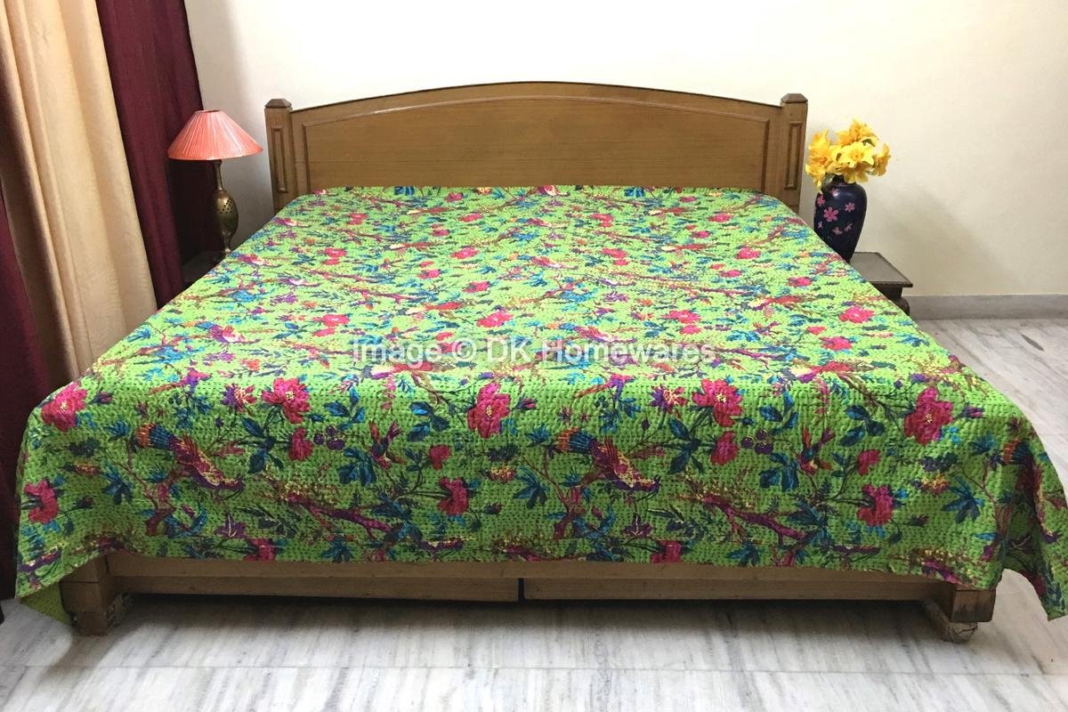 DK Homewares Indian Handmade Parrot Green Queen Size Bedspread Kids Room Cotton Kantha Work Bird Printed Hand Stitched (108 x 90) -Set of 1 Quilt Bedspread
