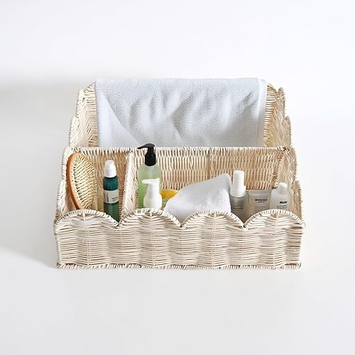 Miniatura 2 de Cesta festoneada dividida de ratán, cesta de mimbre para pañales festoneada, cesta tejida natural con 4 divisores, adecuada para habitaciones