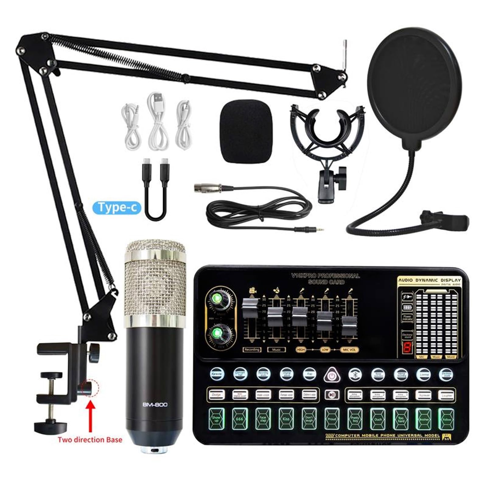 Soundkarten-Kit Professionelles Kondensatormikrofon BM 800 Drahtlose Bluetooth V10 PRO Soundkarte für PC Computer Telefon Karaoke Live-Gesang Gaming Studio Setu，White Bm800 1
