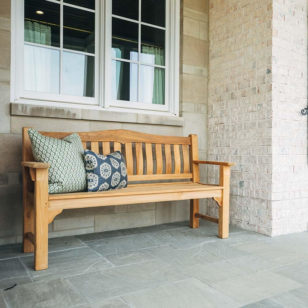 Ash & Ember Hawthorne Grade A Teak 53" Bench, Seats 2 People Comfortably, Weather Resistant Indoor Outdoor Solid Wood Patio Furniture with Tightly Spaced Slats, Bowed Back, Armrests