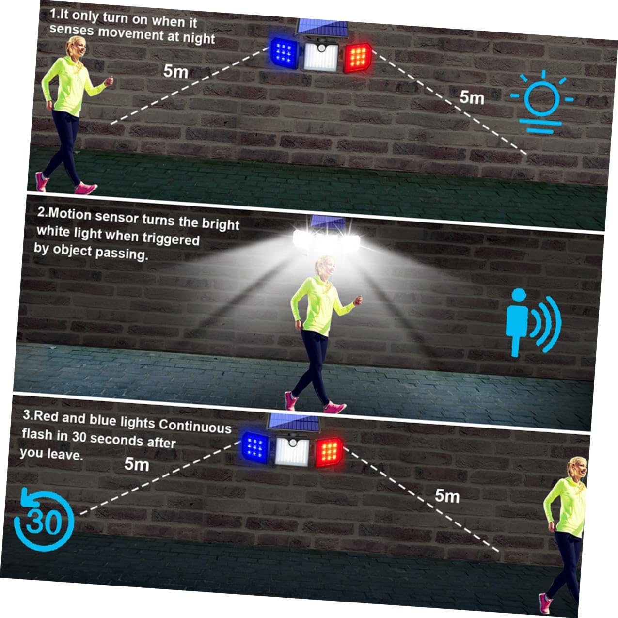 Head Solar Security Light with Motion Sensor Outdoor Solar Flood Lamp with Flashing and Warning Lights Induction Lighting for Garden