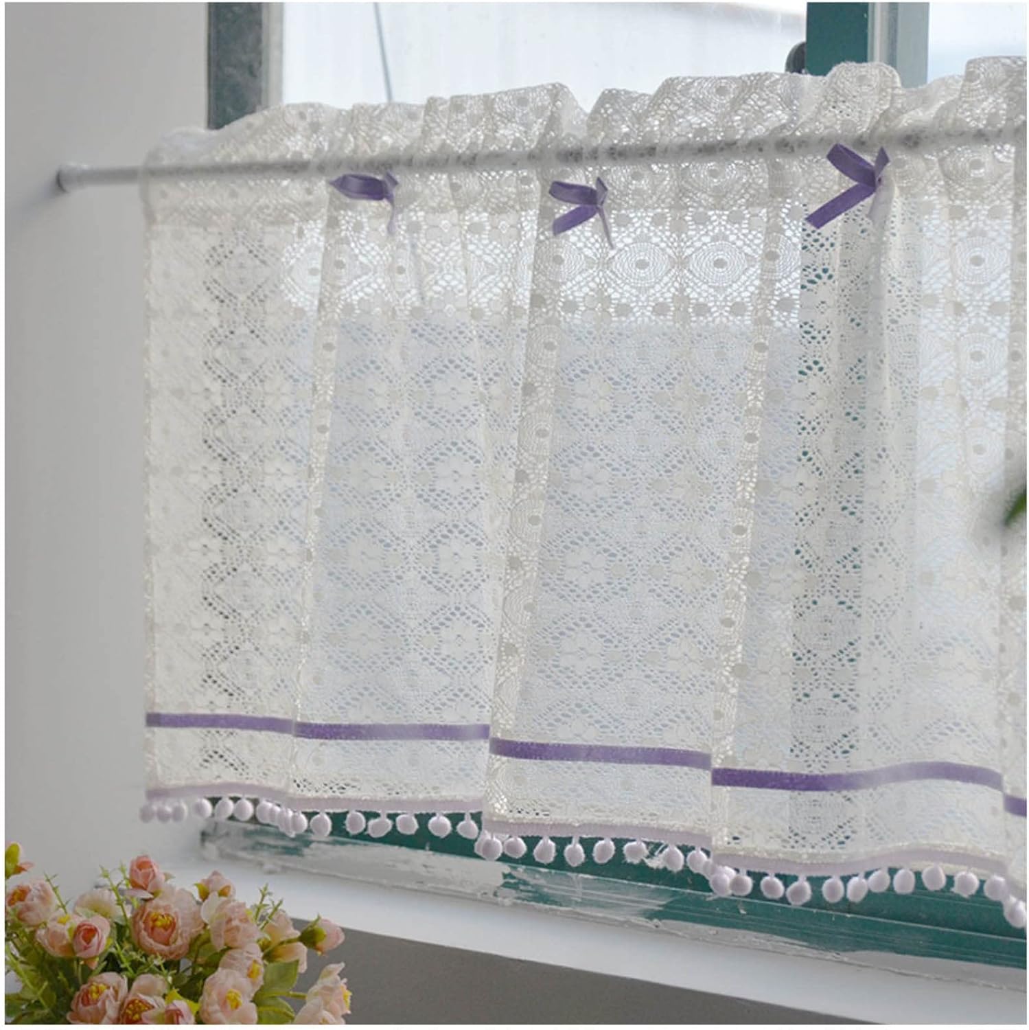 Lace Curtain Valance with Pom Pom Bow Rod Pocket Modern Cafe Short Curtains for Living Room, Nursery, Girls Room (Color : Purple, Size : WxH 110x80cm/43x31.5in)