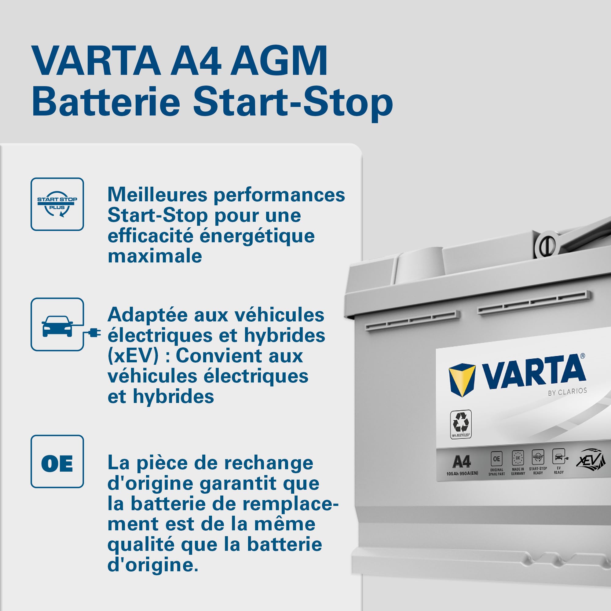 Batterie de démarrage XEV Varta Silver Dynamic AGM L6 A4 12V 105Ah / 950A 605901095 | 950A 605901095