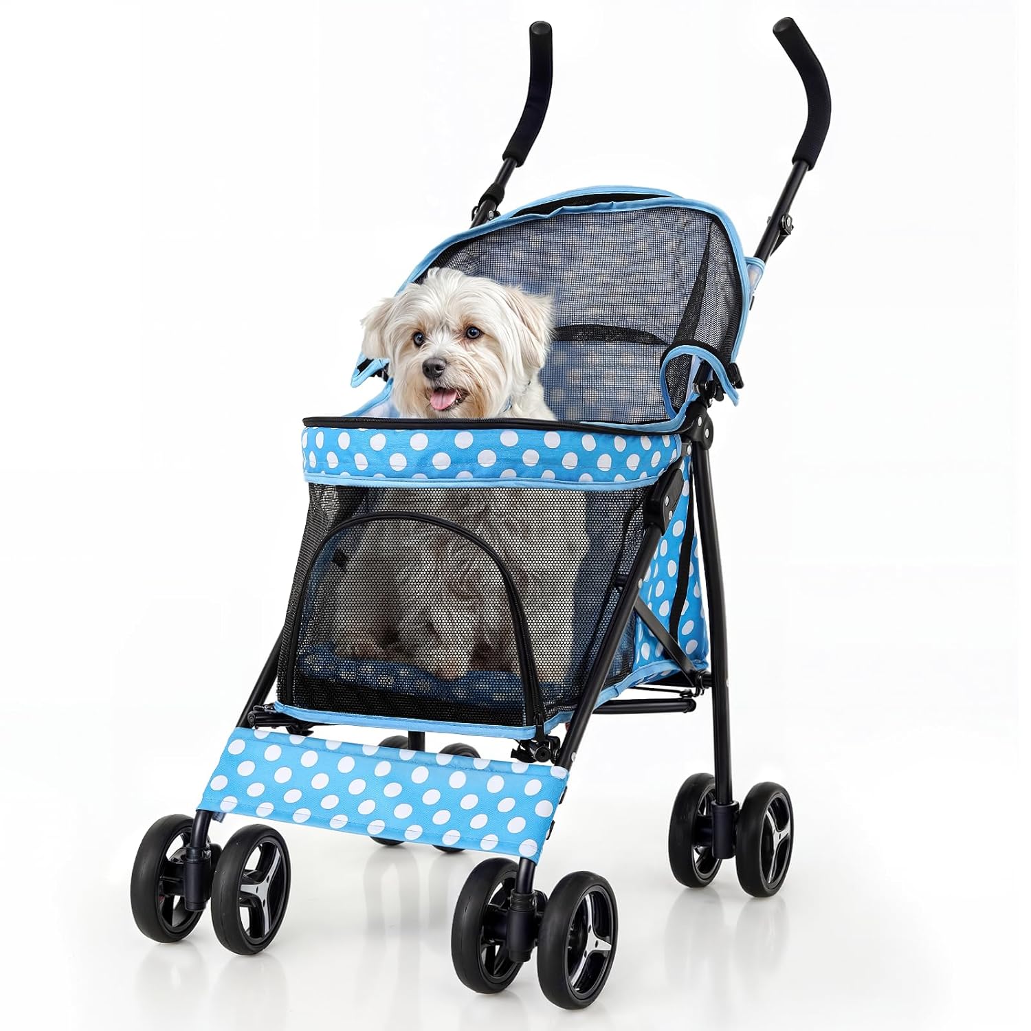 Dog Stroller, 4 Wheels Pet Stroller for Cats with Storage Bag&Visible Mesh, Easy-Fold Umbrella Shaped Cat Stroller and Pet Stroller for Medium Dogs&Small Dogs, Lawn Green with White Polka Dots