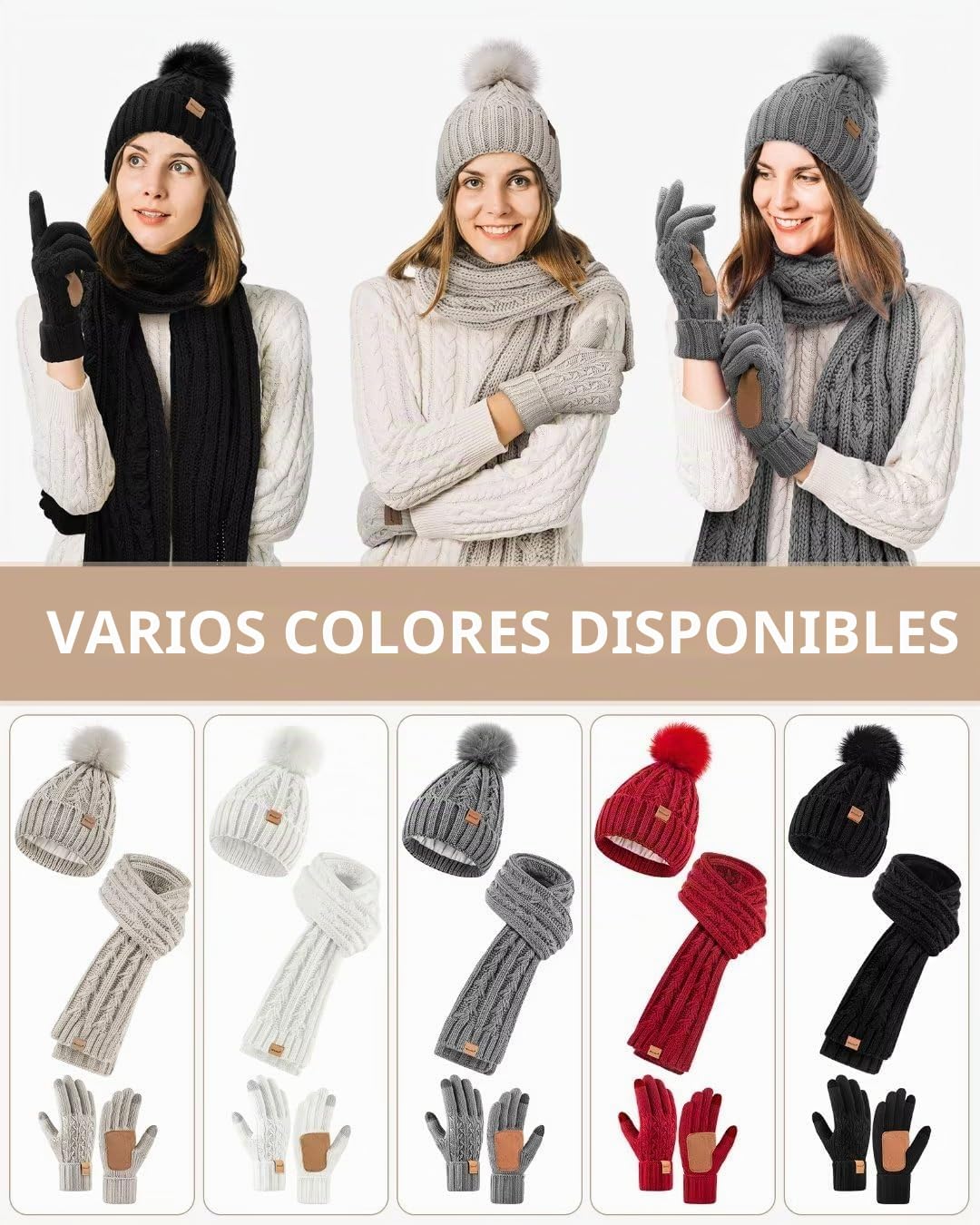 Winuesa Conjunto de gorro, bufanda y guantes para mujer, gorro de invierno para mujer con pompón con forro polar, cálido, gorro de bobble, guantes para pantalla táctil, bufanda para mujer, calentador
