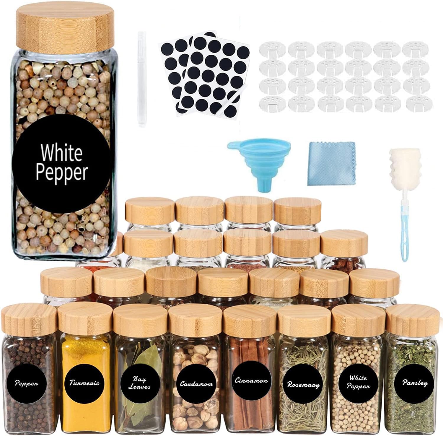TFixol Gewürzgläser aus Glas mit 40 Aufklebern, 118 ml, 24 Streudeckel und AI-GHT-Metallkappen, Farbstift, zusammenklappbarer Trichter und Lappen aus Silikon, 24 Stück, 24 Stück