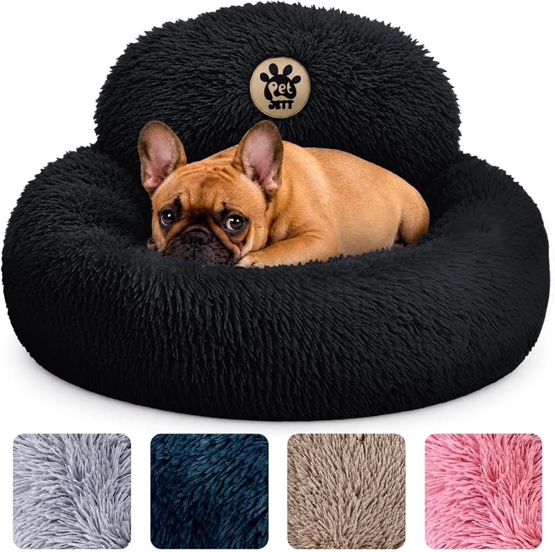 Cama redonda para cães pequenos PetJett em pelúcia sintética com base antiderrapante – Black, 58,42 x 58,42 x 20,32 cm