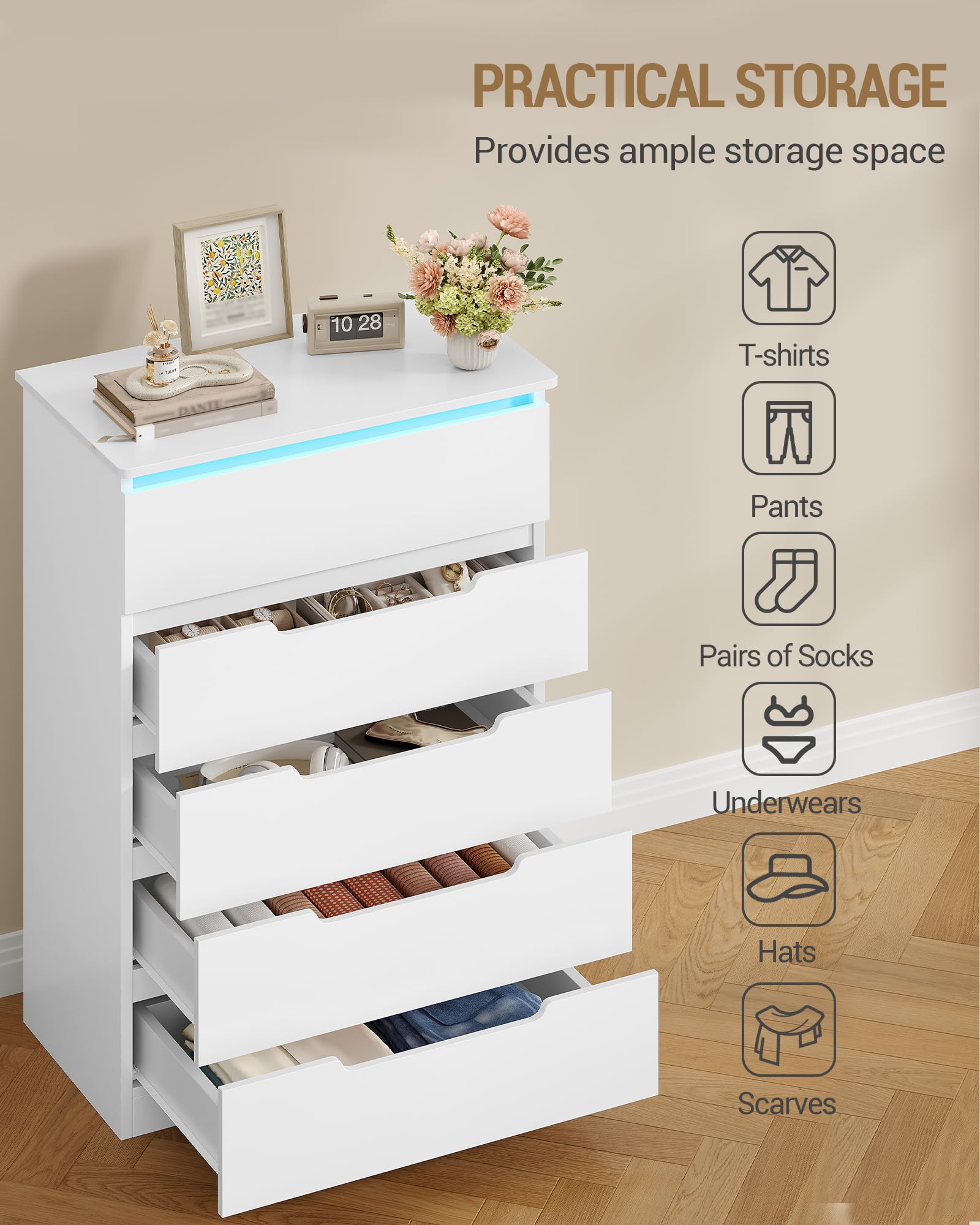 Hzuaneri Cómoda 5 Cajones, Cajonera Dormitorio, Armario Auxiliar con Tira de luz LED, Cómoda Dormitorio, Estilo Moderno, para Salón, Dormitorios, Pasillo, 40 x 60 x 103 cm, Blanco DC01503XEU