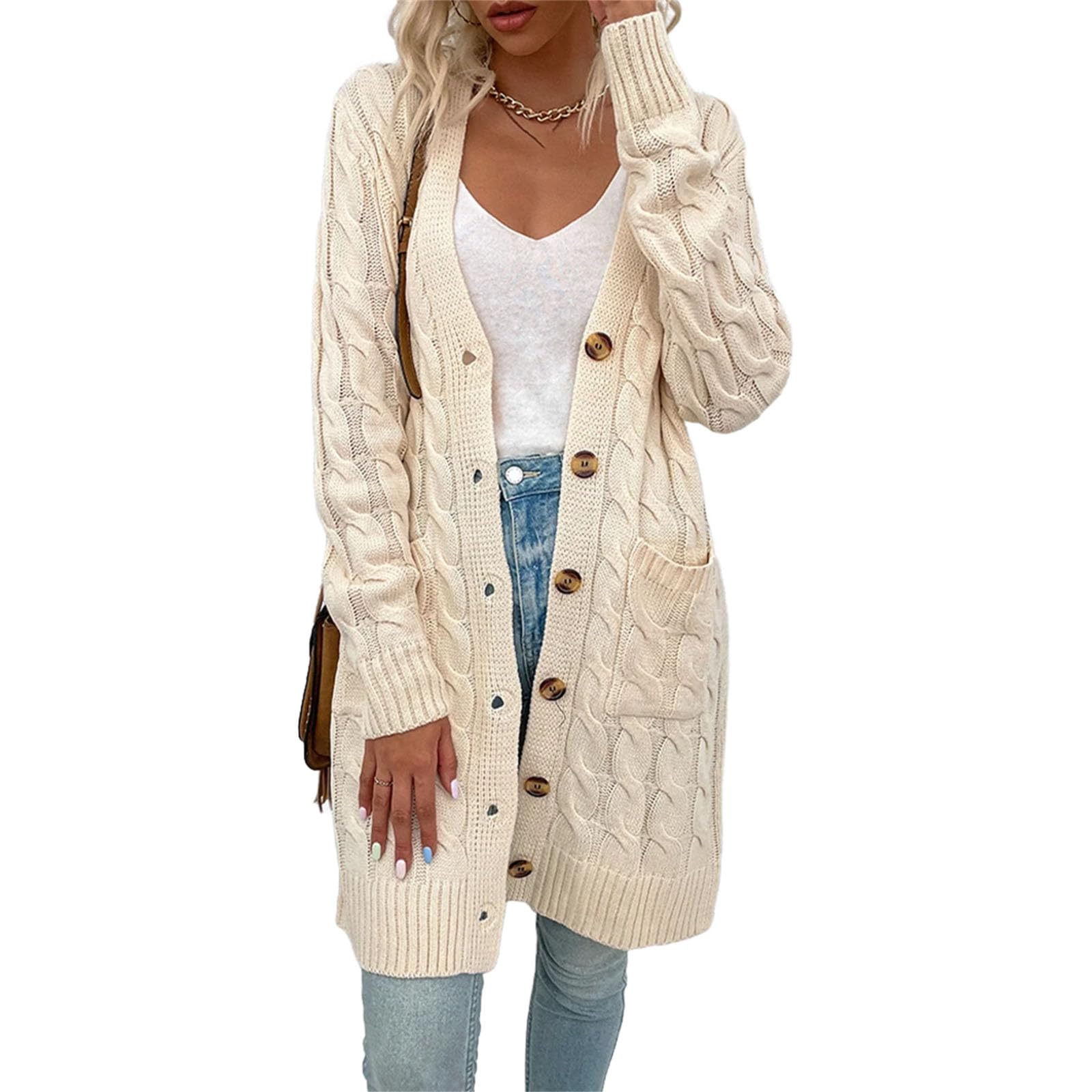 Womens Chunky Knit V Neck Cardigan Long Sleeve Open Front Casual Loose Fit with Pockets