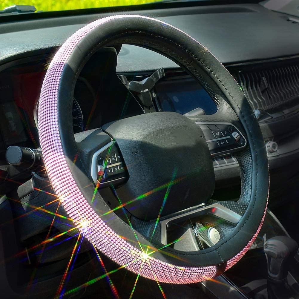 New Diamond Leather Steering Wheel Cover with Bling Bling Crystal Rhinestones, Universal Fit 15 Inch Car Wheel Protector for Women Girls,Pink &amp; White Diamond