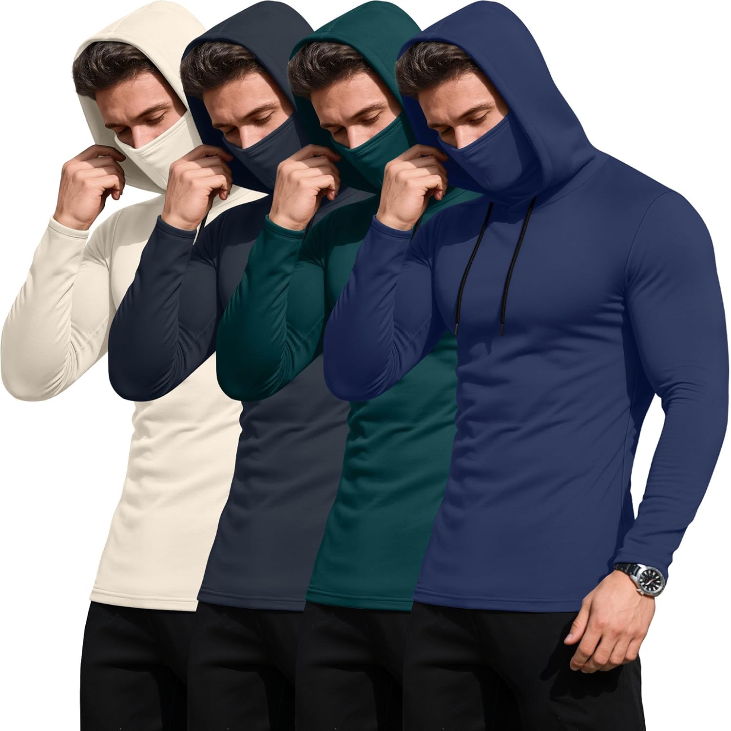 4 Pack Men's Compression Hoodies with Mask Sweatshirt Long Sleeve Workout Sports Base Layer Active Running Pullover