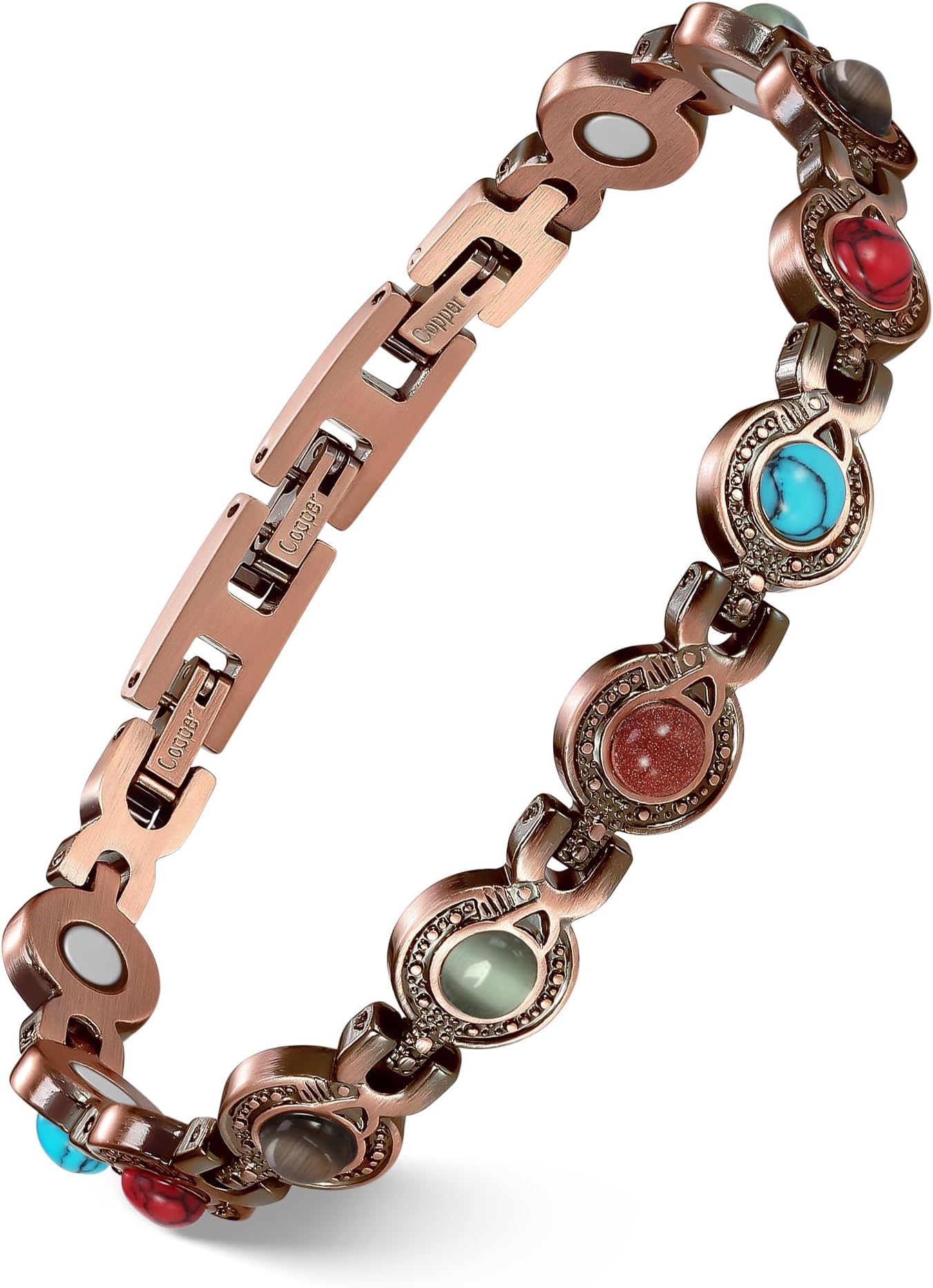 Feraco Pure Copper Bracelets for Women, Ultra Strength Magnetic Bracelet with 3800 Gauss Magnets & Natural Turquoise & Stones, Adjustable, Jewelry Gift