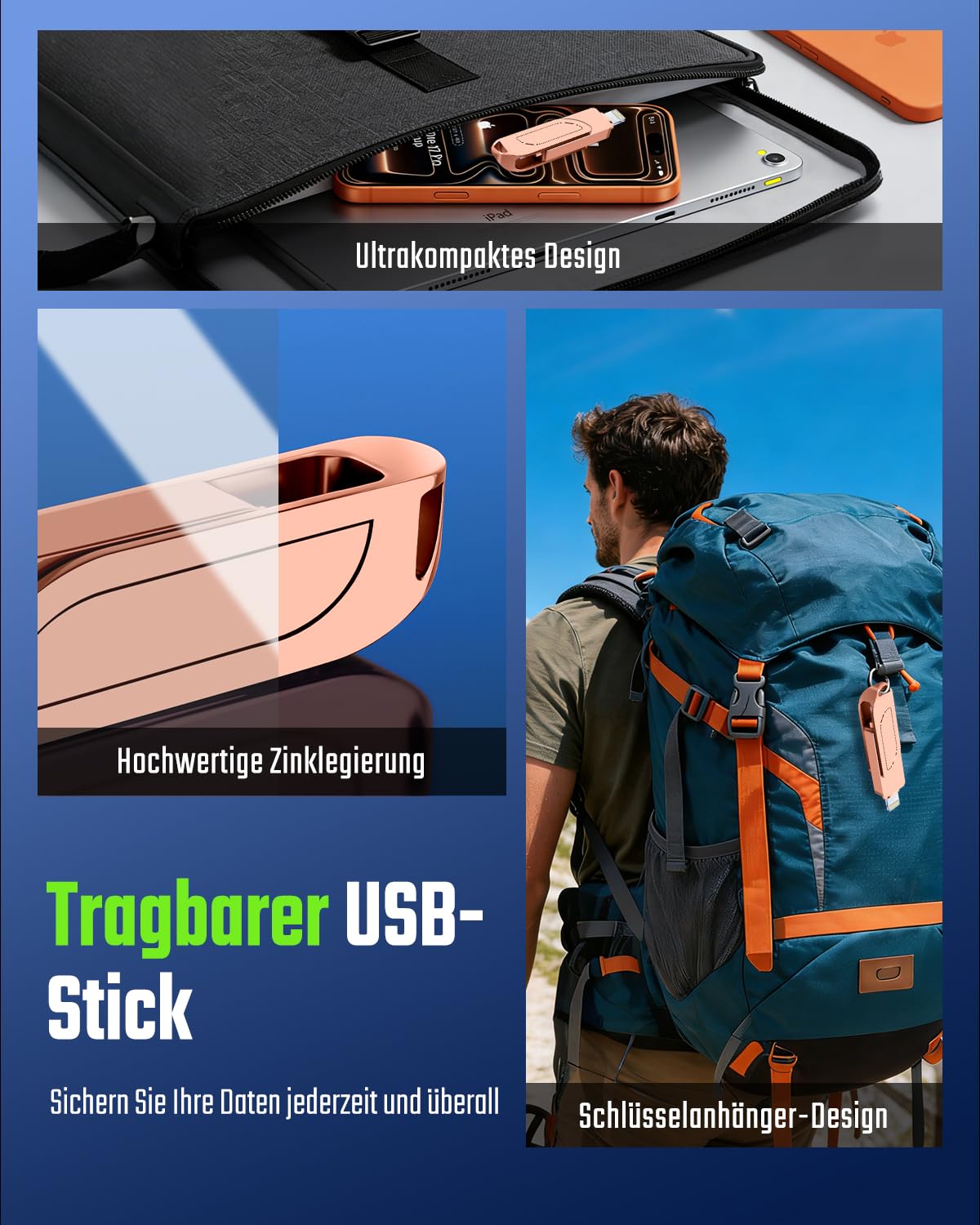 [Ohne App] USB Stick 512GB für iPhone, MFi USB C Stick,Lightning,USB-A | 3-in-1 Speicherstick für iPhone,iPad,Android OTG Handy,Mac,PC,USB 3.0 Flash Drive Externer Speicher für Fotos,Videos,Dateien