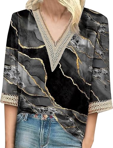 Women Lace Trim V Neck 34 Sleeve Shirt Casual 2023 Summer Fall Clothes Tunic Top Lightweight Tees Pullover Tops