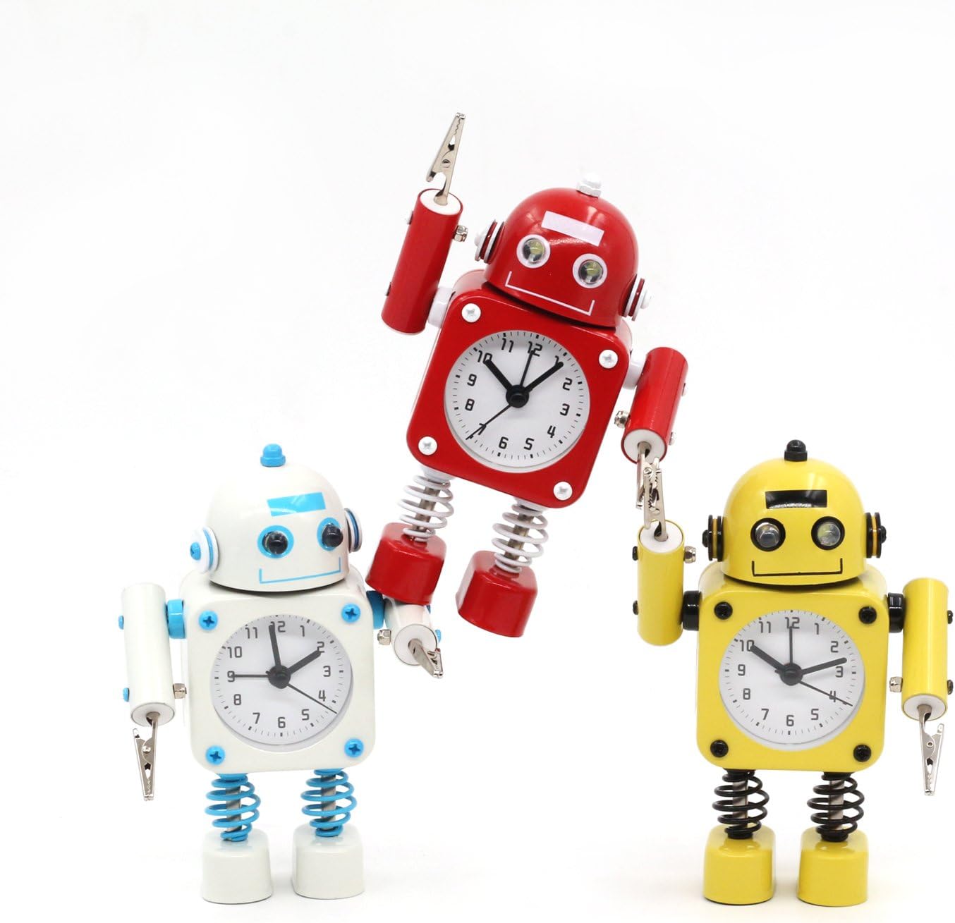 Betus Non-Ticking Robot Alarm Clock Stainless Metal - Wake-up Clock with Flashing Eye Lights and Hand Clip (Ruby Red)