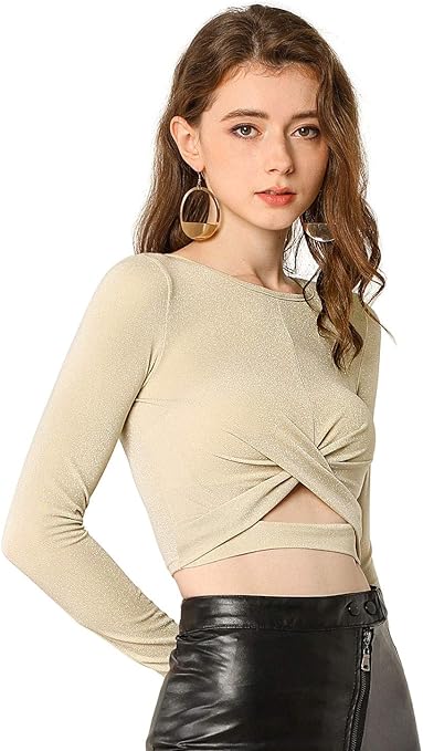 YUTILA Dames glitter top, kort - cropped, met hoekige hals, party tops, lang mouwen, slim fit, stretch, feestelijk shirt outfit, donkerblauw, S
