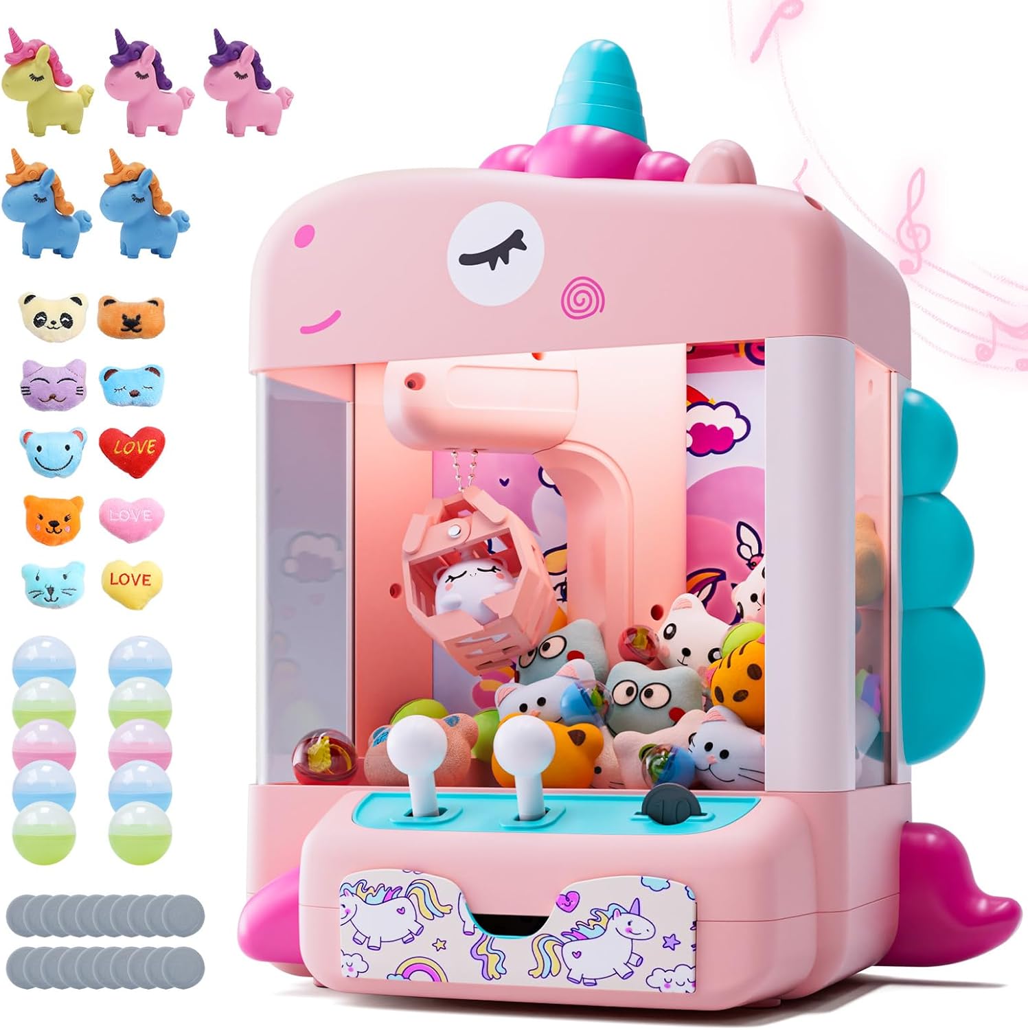 Skirfy Unicorns Claw Machine, Mini Vending Machine with Lights & Music, Adjustable Sound, Candy and Electronic Prize Dispenser, Includes 45 Toys, Candy and Birthday Gift for Kids Girls