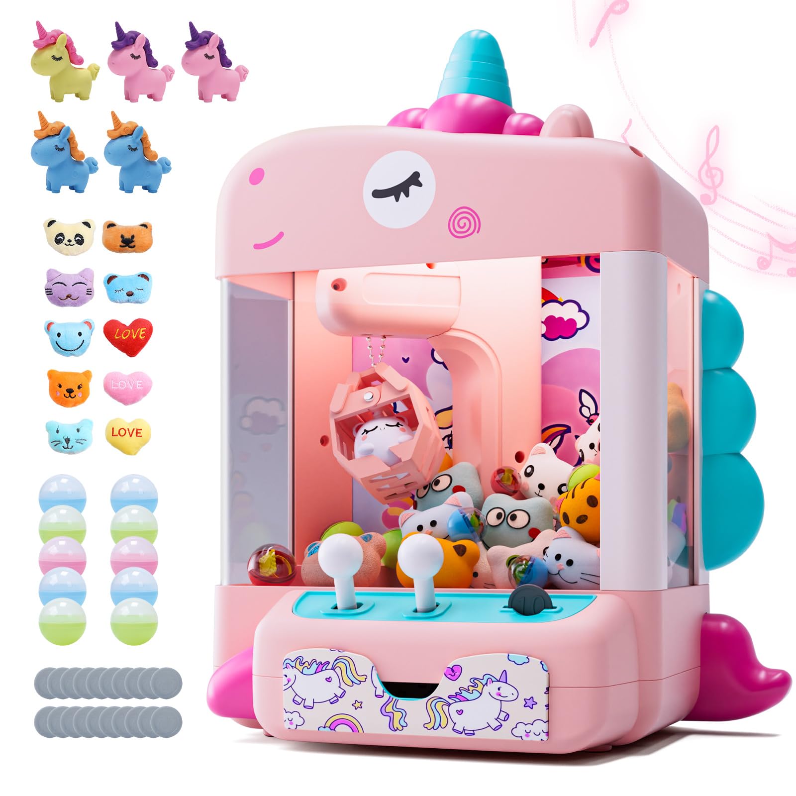 Skirfy Unicorns Claw Machine, Mini Vending Machine with Lights & Music, Adjustable Sound, Candy and Electronic Prize Dispenser, Includes 45 Toys, Candy and Birthday Gift for Kids Girls