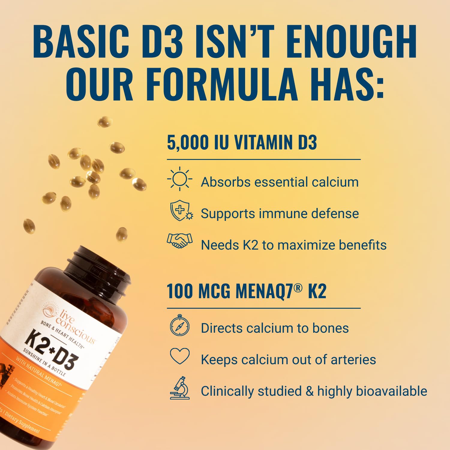 Live Conscious Vitamin K2 MK7 with D3 Supplement | Bone & Heart Health Support - Patented Vitamin K & Vitamin D3 5000 IU - 60 Softgels — Amazon image 2