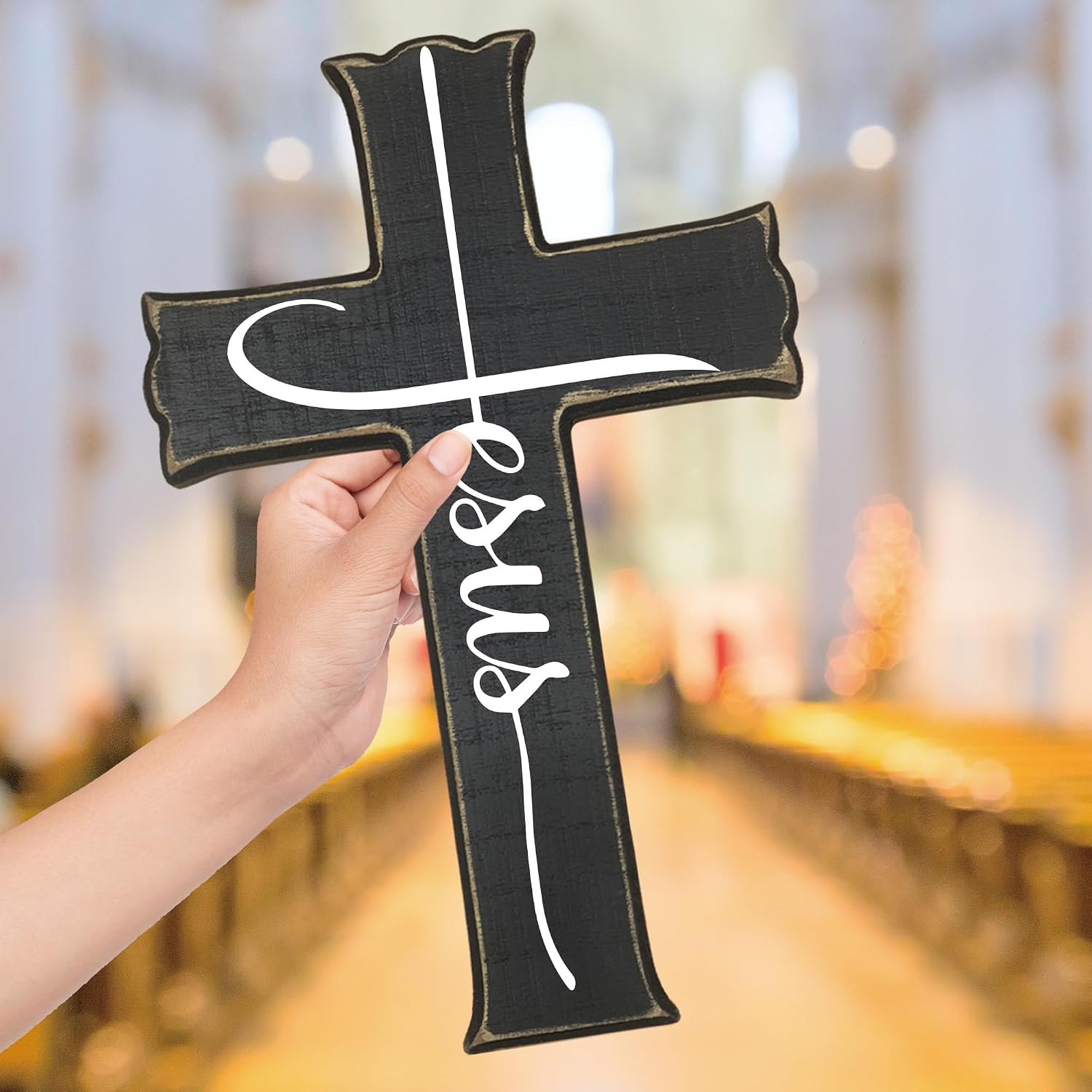 HIWGGSP 6.5" x 10" cross wall decor - Jesus - Christian Black Wooden Cross, tabletop & wall decoration, suitable for farmhouses, homes, Easter, indoor and outdoor hanging decoration (1 PCS) - A08