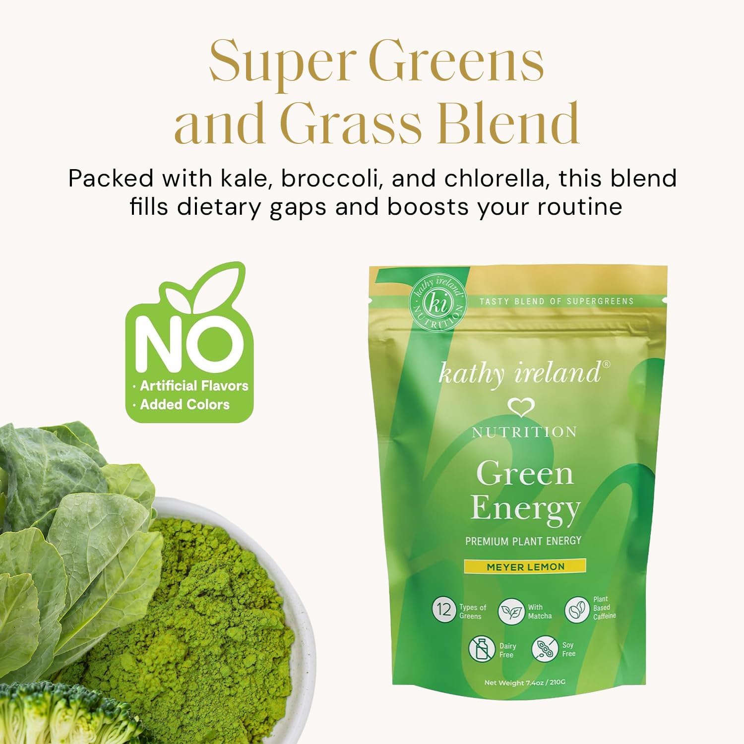 Kathy Ireland Super Greens Energy Powder, Clean Energy Drink Mix with Matcha & Green Tea, Immune & Digestive Support Supplement, No Added Sugar, Meyer Lemon Flavor, 7.4 oz