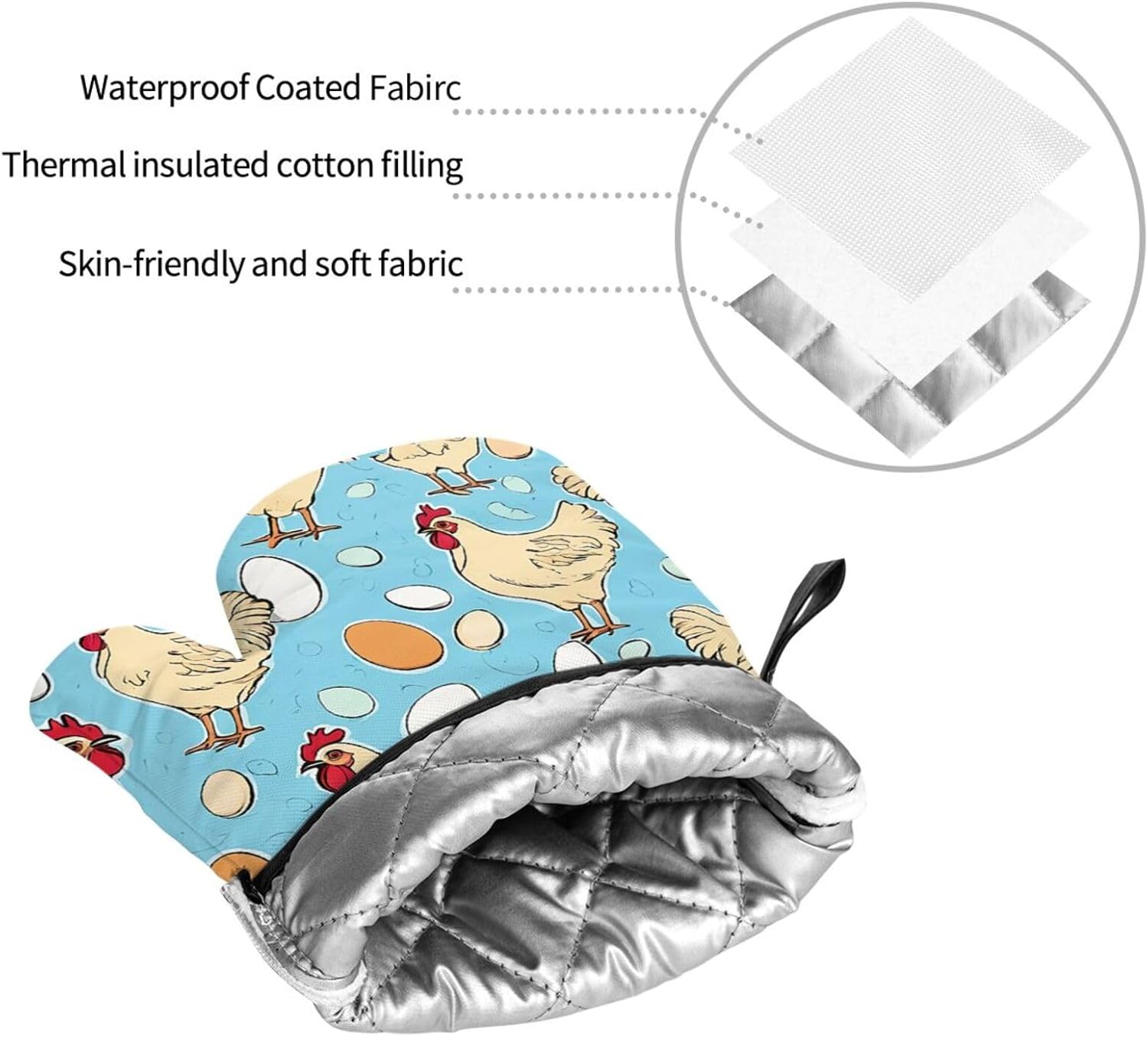 (Creative Cartoon Chicken) Baking 4-Piece Set: 2 Oven Mitts and 2 Pot Holders Heat Resistant Waterproof Hanging Loop for Kitchen Oven Grill Housewarming Gifts