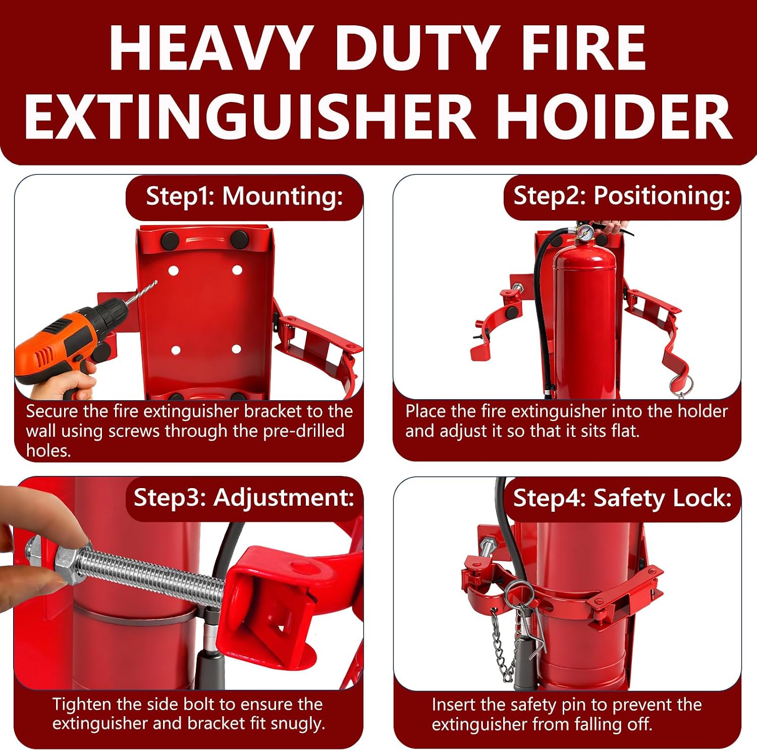 Fire Extinguisher Bracket, Heavy Duty Fire Extinguisher Wall Mount St12 Steel, Fits 10lb Dry/5lb CO2 Extinguisher Holder for School,Garage,Truck,Boat(Red,10LB)