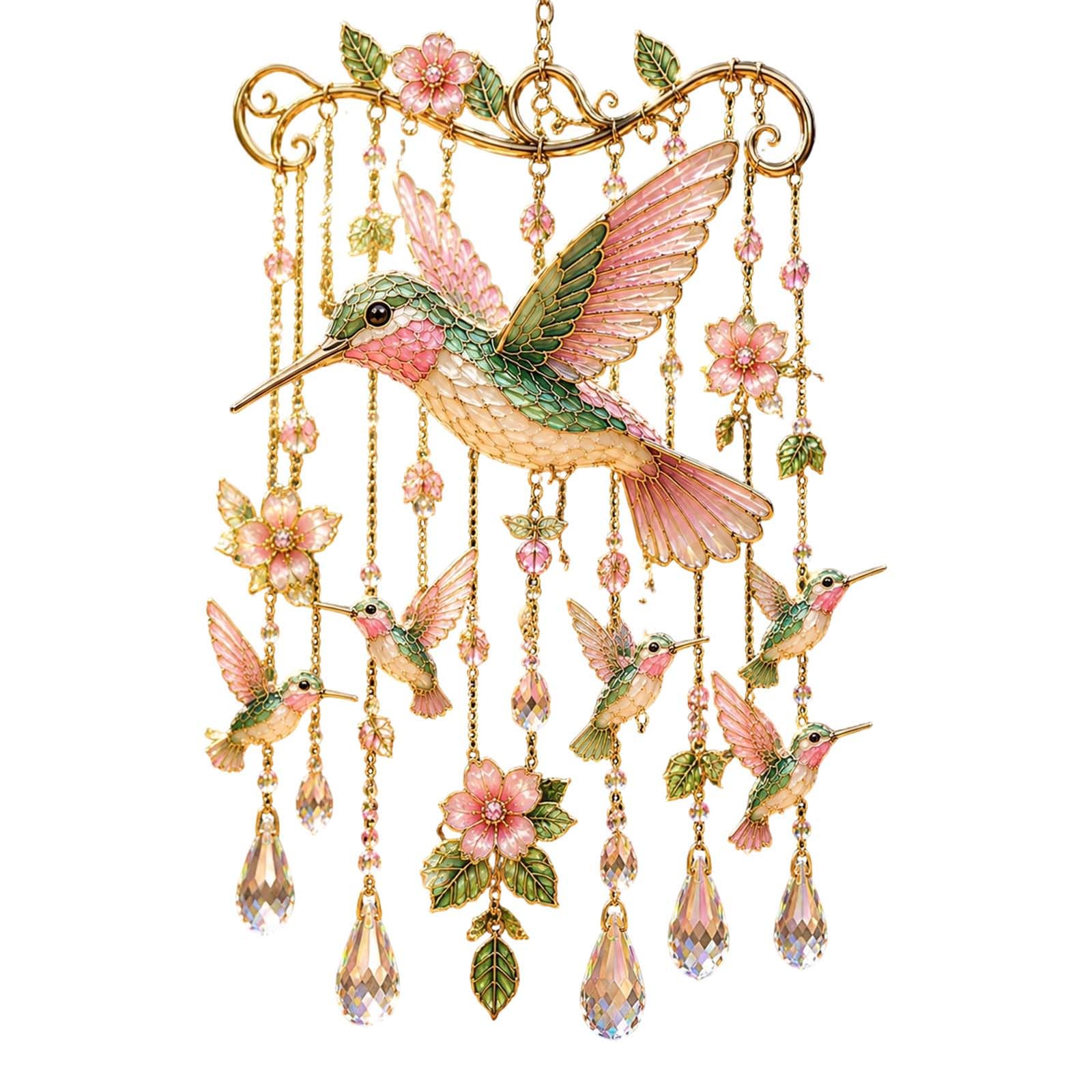 Graceful Hummingbird Wind Chime, Wind Chimes for Outside, Stained Glass & Crystal Sun Catcher Windchime, Colorful Bird Yard Decorations Outdoor, Memorial Gardening Gift for Women (#D)