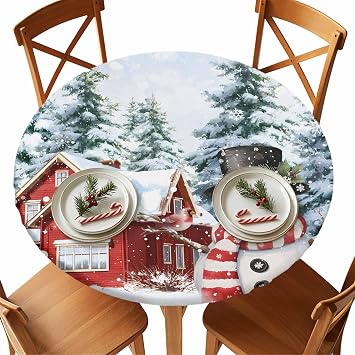 Round Fitted Tablecloth with Elastic Edge 45"-54",Xmas Snowman Pine Tree Farmhouse Waterproof Oil-proof Table Cover Tablecloths for Indoor Outdoor Party Picnic Banquet,Winter Snowflakes Blue Ombre