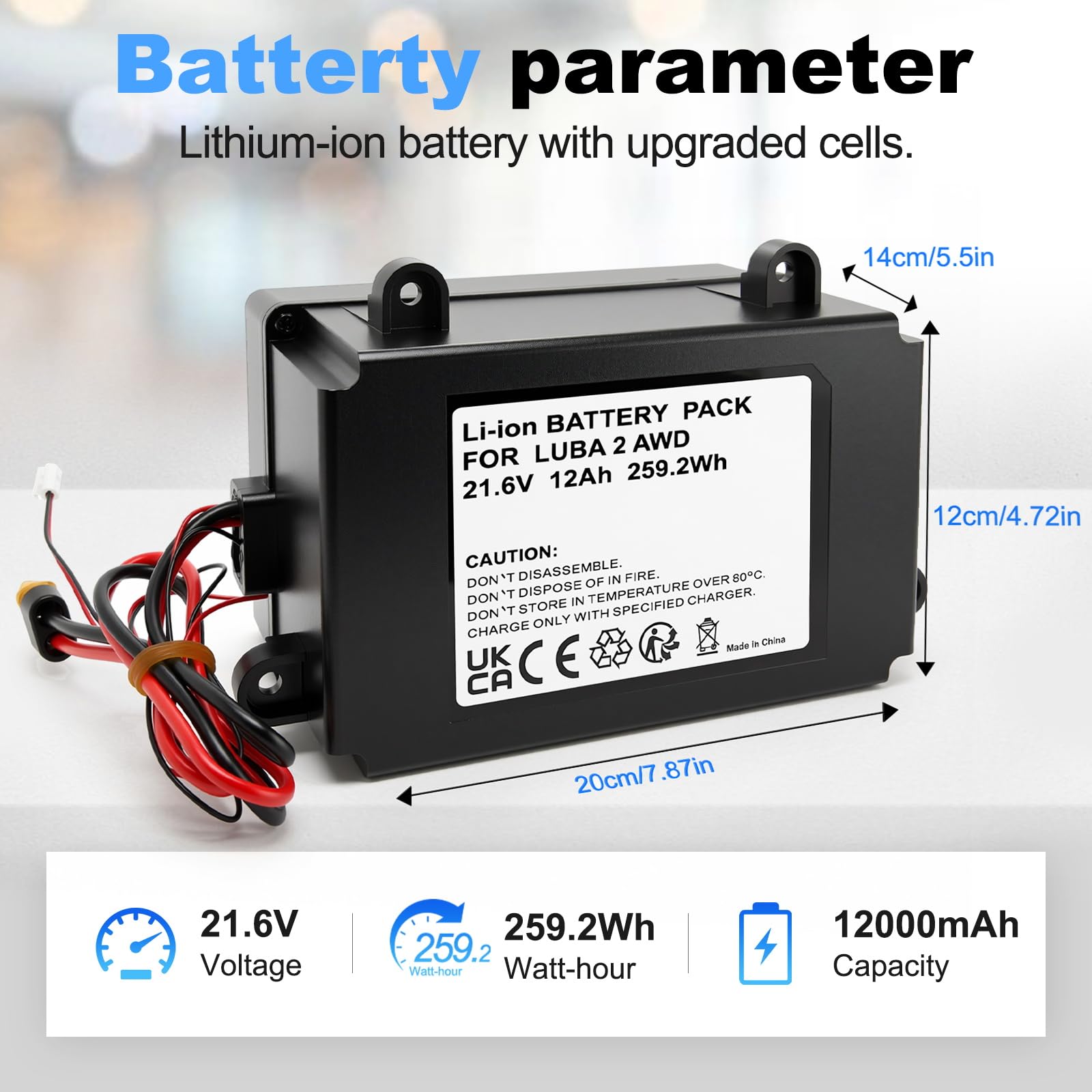 Batería de 12 Ah para Robot cortacésped Mammotion LUBA1, LUBA 2 AWD 1000, LUBA 2 AWD 3000, etc., Repuesto para HM02, WDBT0000002000, D.015.SZ0148, etc