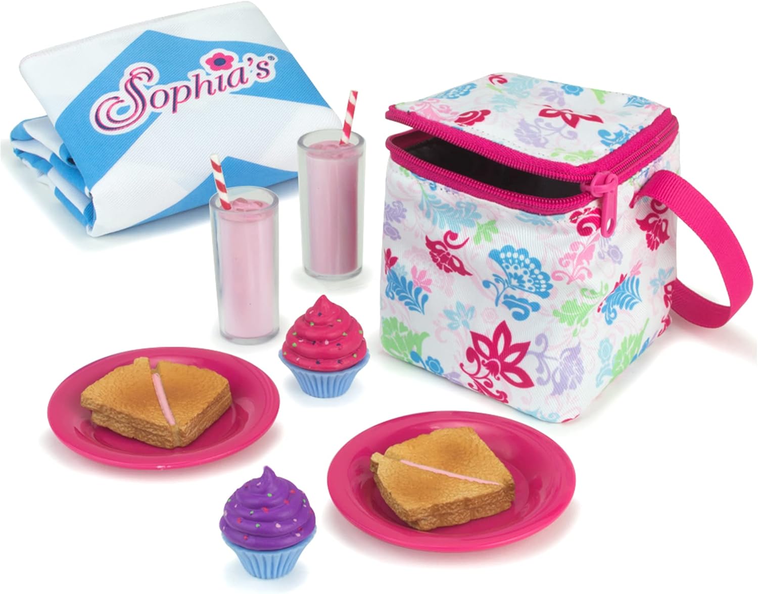 Sophia’s Picnic Lunch Accessories Set with Pretend Food, Drinks, Napkins, Blanket and Thermal Cooler for 18″ Dolls, Multicolor