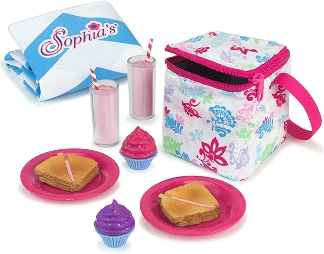 Sophia's Picnic Lunch Accessories Set with Pretend Food, Drinks, Napkins, Blanket and Thermal Cooler for 18" Dolls, Multicolor