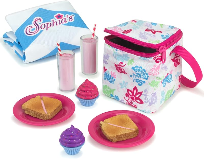 Picnic Lunch Accessories Set with Pretend Food, Drinks, Napkins, Blanket and Thermal Cooler for 18" Dolls, Multicolor