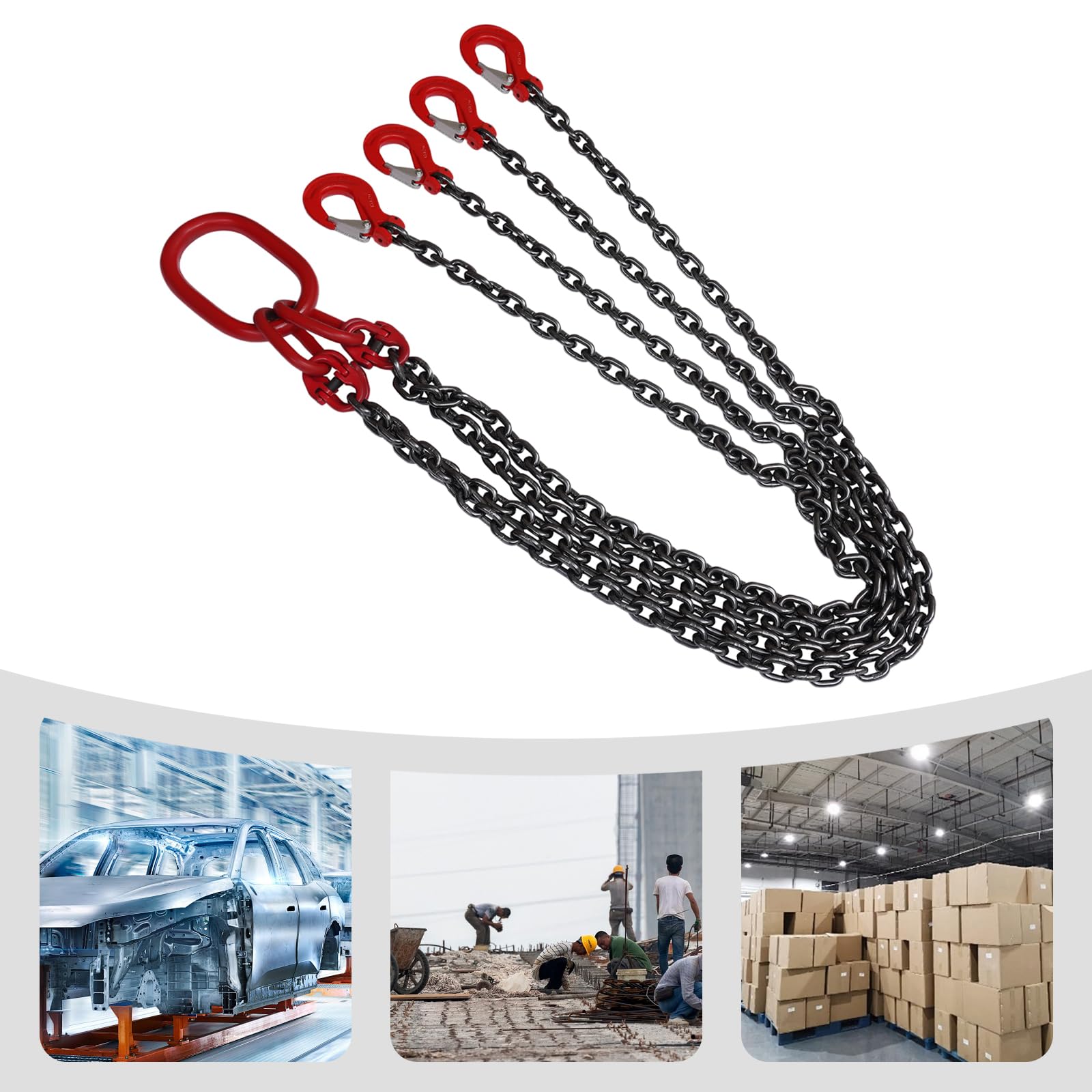 Cadena de 4 hebras G80 5T | Ø 8 mm de cadena de tope con gancho de horquilla & cierre de seguridad | 1,5 m de cadena de elevación para bosque/grúa | alta resistencia a la grúa | resistente al calor 4