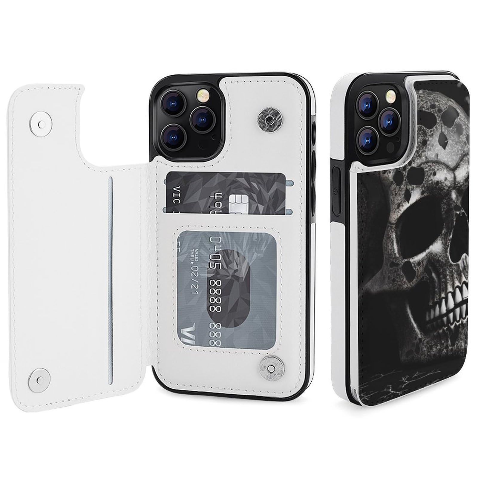 Funda tipo cartera para iPhone 12 Pro, diseño de calavera negra, funda de piel con ranuras para tarjetas