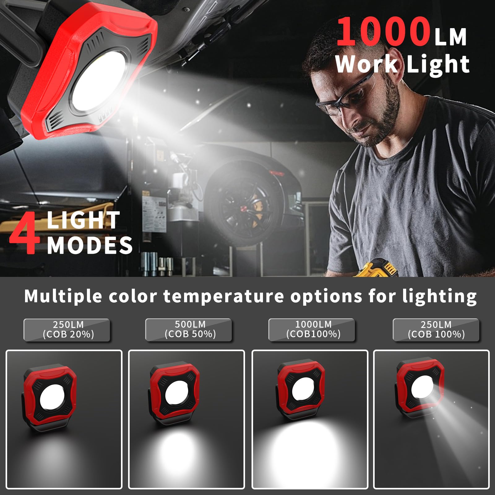 Lampe de travail LED, 1000 lumens, super lumineuse, lampe d'inspection, lampe d'inspection, 4 modes d'éclairage avec base magnétique et rotation à 180 °, pour garage, atelier, camping