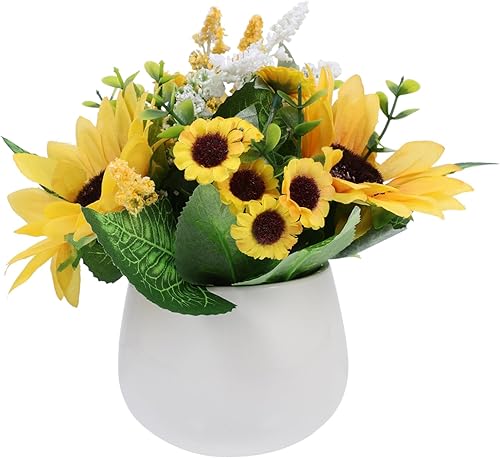 Unomor Flor amarilla de girasol en maceta, flores falsas en jarrón, girasoles falsos, plantas de bonsái falsas, maceta de girasol artificial con