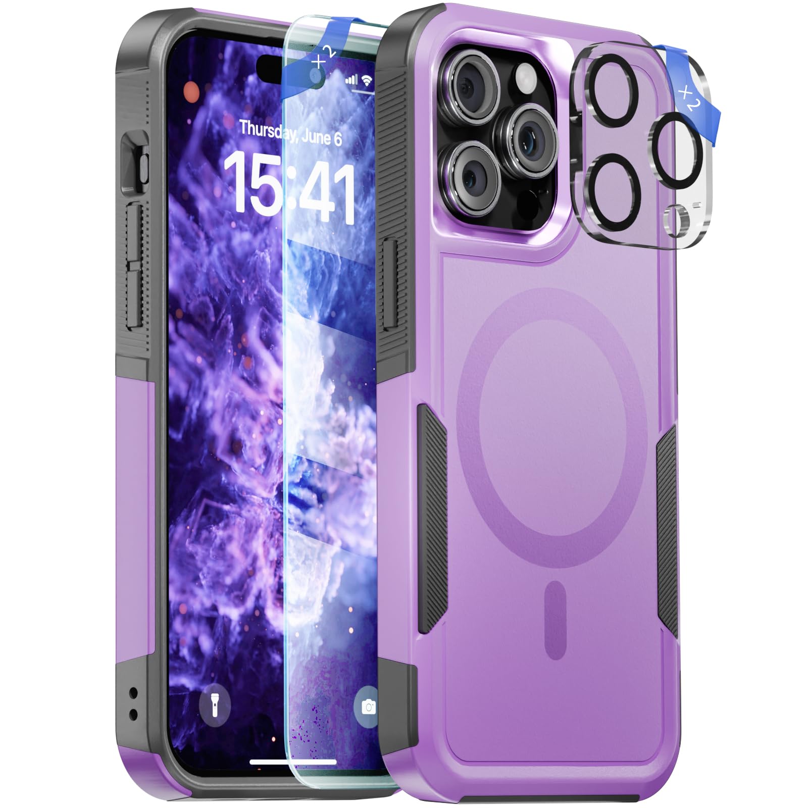 RFUNGUANGOfor iPhone 15 Pro Max Case Compatible with Magsafe, with 2x Tempered Glass Screen Protector, 2x Camera Lens Protector, Hard PC&Soft TPU 2 in 1 Shockproof Heavy Dropproof Design, Pale Purple