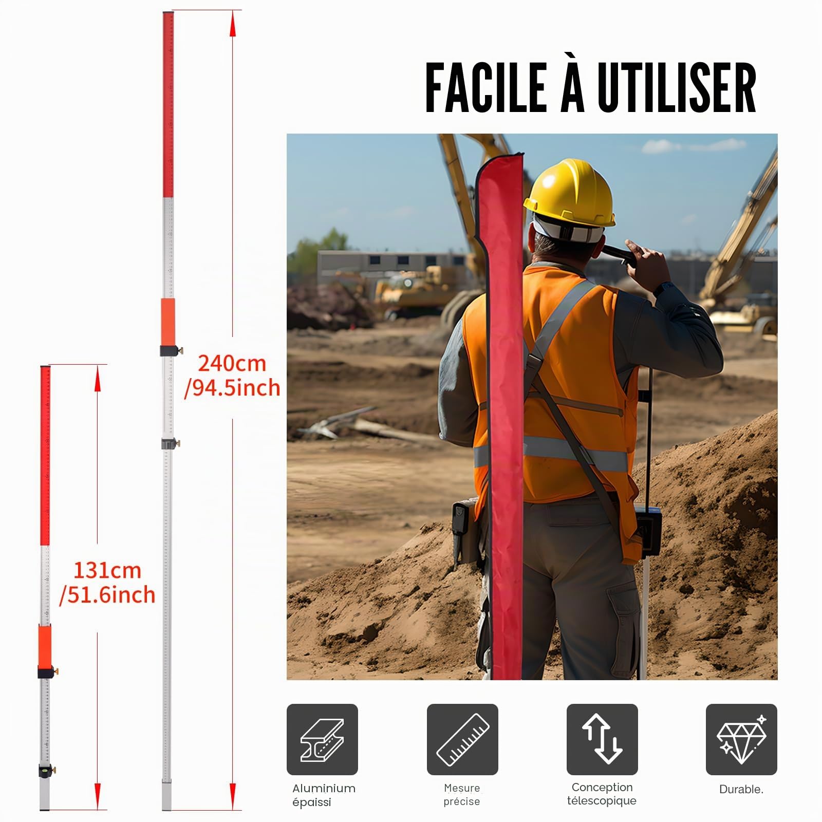 Tige de qualité laser, niveau laser adapté pour tige rotative de niveau laser avec verrouillage rapide tige en aluminium à mesurer