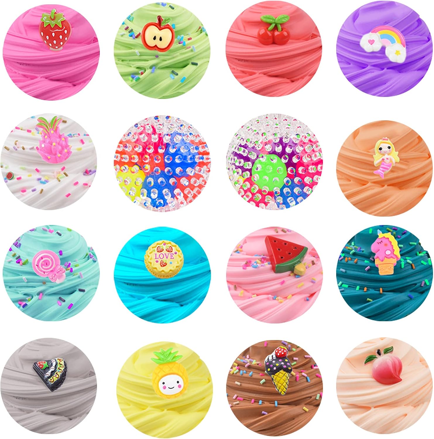 Upgraded DIY Butter Slime Kit - 15 Pack Slime Butter Kit & 4 Pack Stress Relief Balls, with Unicorn, Fruits Slime Charms, Super Soft and Non-Sticky, Favors Stress Relief Toy for Girls Boys