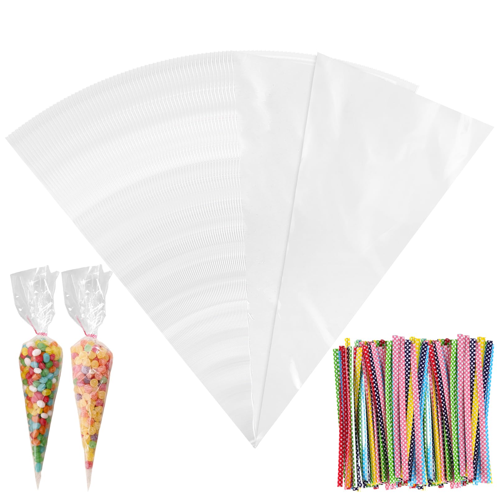 UNGFEI 400Pcs Clear Sweet Cone Bags with Ties, Transparent Cellophane Bag