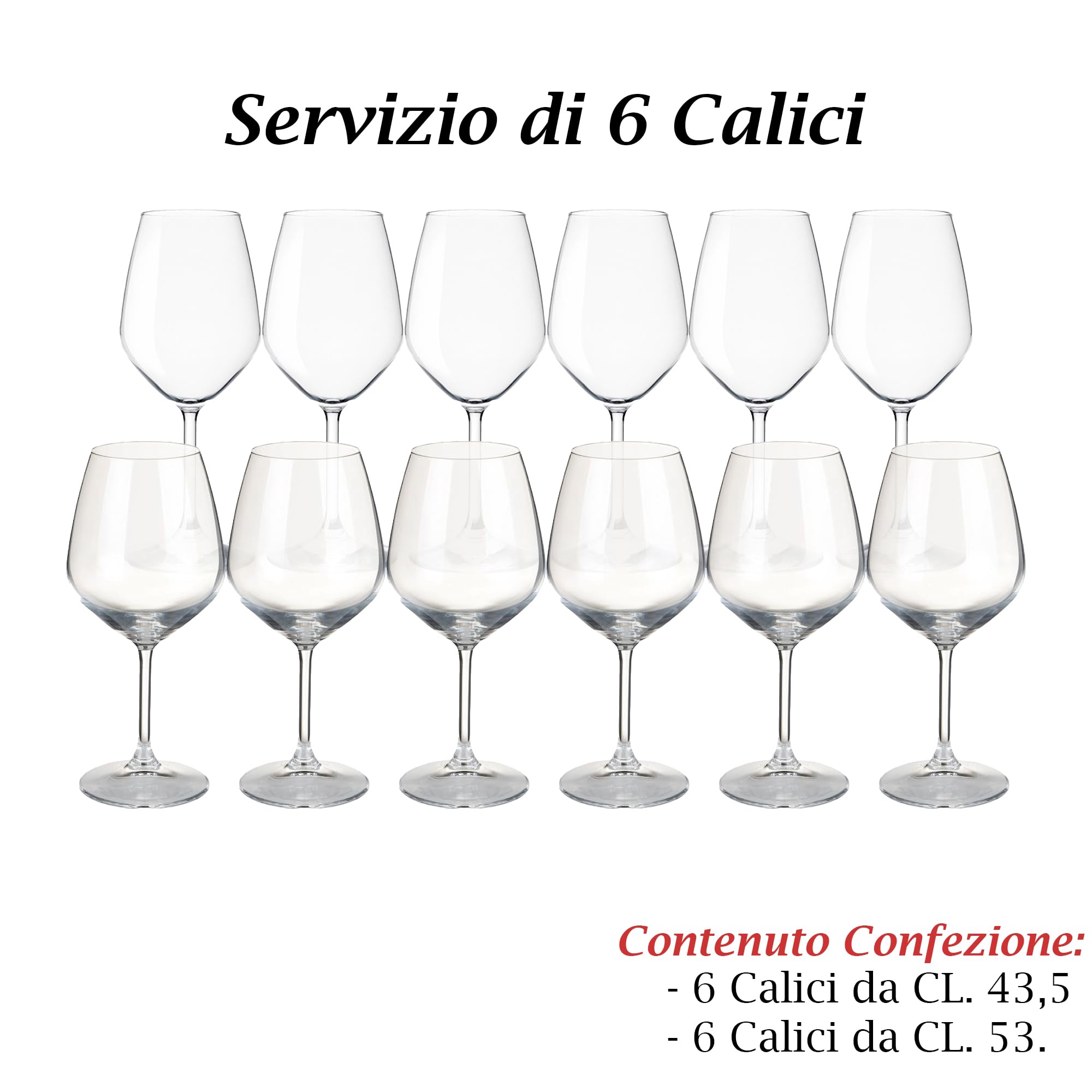 Sicignano | Juego de copas de vino tinto CL.53 + vino blanco 43,5 cl.43,5 Divino de cristal para 6 personas, transparentes, aptas para lavavajillas – regalo cubo champán negro 2 botellas, Made in