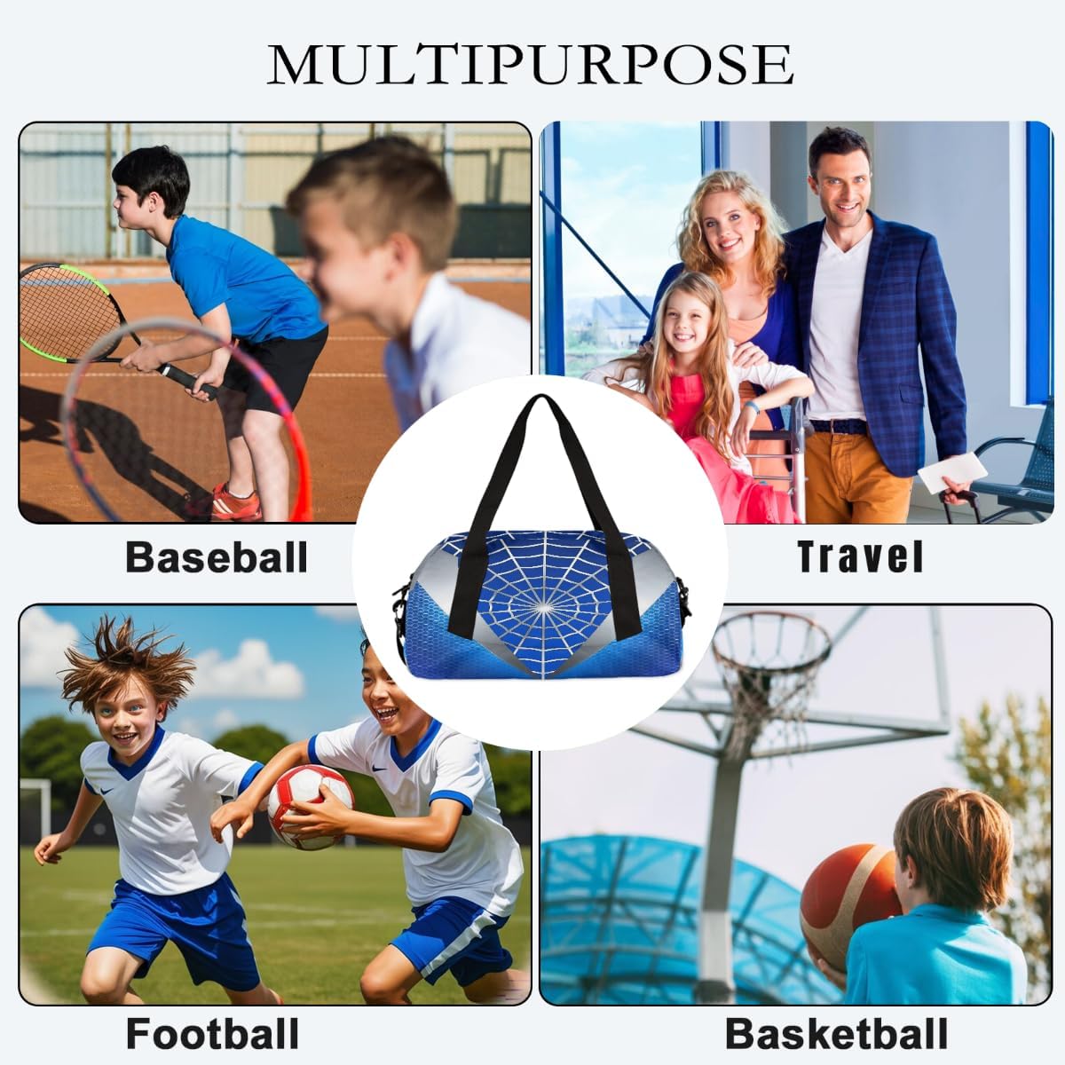 Gym Travel Duffle Bag for Boys - Kids Overnighter Weekend Bag with Front Zipper Pocket for School Practice, Blue Spider Web Teens Carry-On Size Sleepover Bags - Image 6