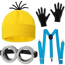 4 Pcs Halloween Costume Accessories Adults-Yellow Beanie Hat/Goggles/Gloves/Suspenders for Halloween Dress Up