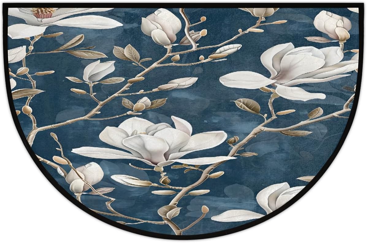 Half Round Door Mat Abstract White Flower Blue Half Moon Rug Washable Half Circle Area Rugs Indoor Entrance Non Slip Semi Circle Bathroom Rugs Floor Carpet for Kithen Bedroom Fireplace Decor