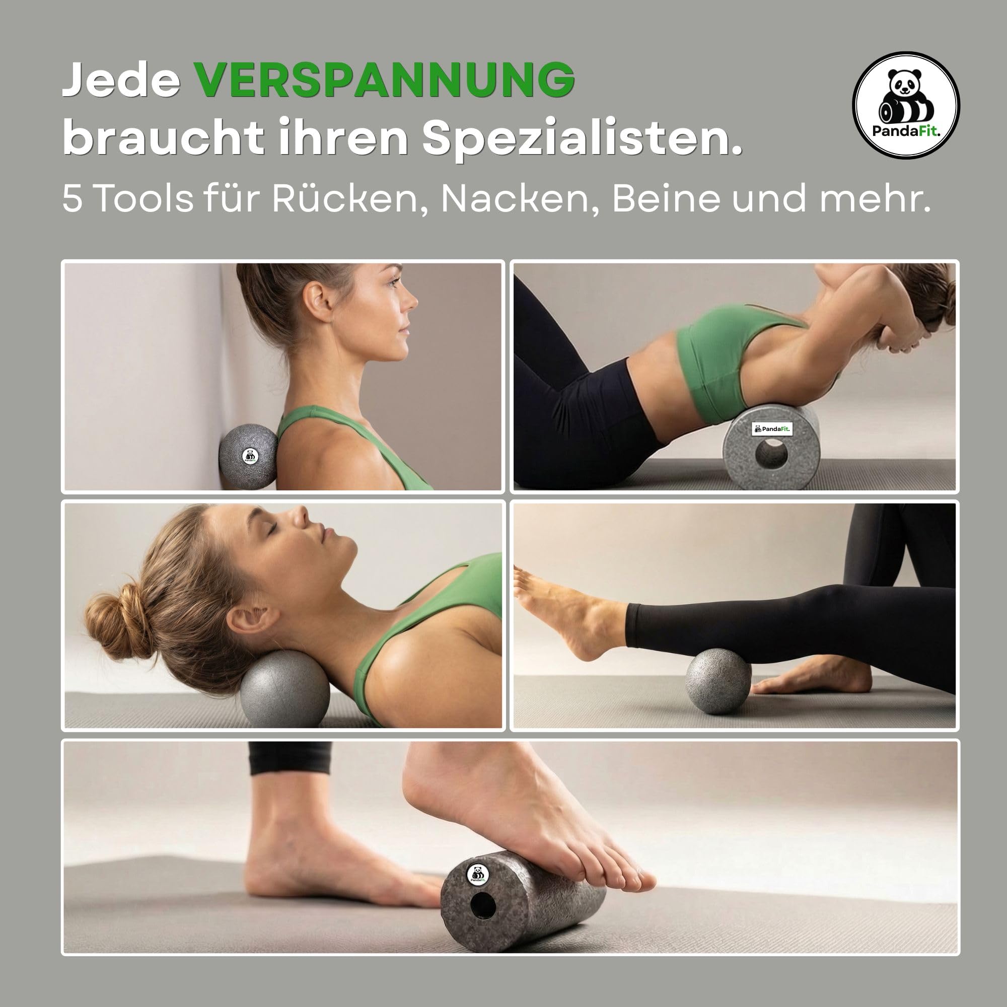 PandaFit Faszienrollen Set 5-teilig mit Turnbeutel, für Rücken und Wirbelsäule, Faszienrolle 30x15 cm, 2 x Duoball, Minirolle, Faszienball, Massage-Set zur Regeneration, EPP Hartschaum